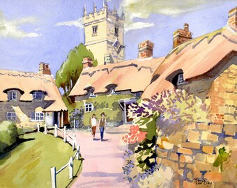 Thatched Cottages and Church, Godshill, Isle of Wight, England