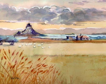 Lindisfarne, Northumberland. Monastery, Castle and Sea.