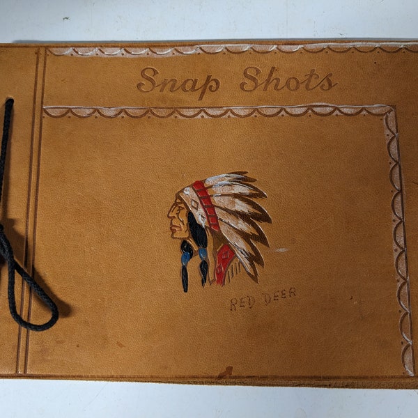 Vintage 1940's Leather Snap Shots Photo Album Indian Chief Hand Painted Canada Souvenir