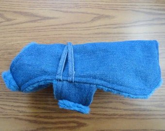 XXX-Small Cotton Denim Dog Coat, Sky : Custom Length Longer Back, Exclusively Hand Made by Pooch Pie Collection