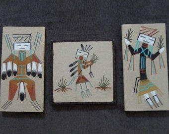 Vintage Navajo Native American Sand Paintings, Collectable Set of 3