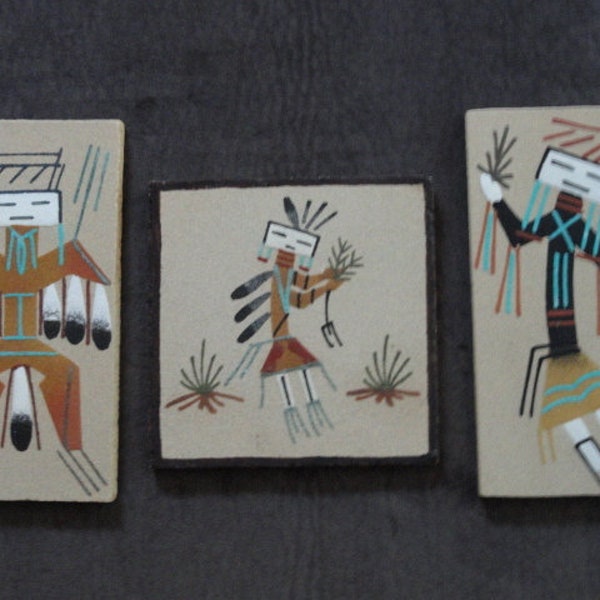 Vintage Navajo Native American Sand Paintings, Collectable Set of 3