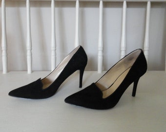 Vintage Black Suede Leather Pumps  by 9 West, Size 8.5 Medium , Time Keepers Attic Find by Pooch Pie Collection