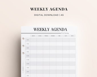 PRINTABLE A5 Weekly Agenda, Printable Weekly Planner Hourly, Printable Weekly Schedule, A5 Weekly Hourly Inserts, Printable A5 Calendar