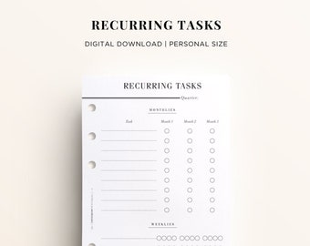 PRINTABLE PERSONAL Recurring Tasks Personal Size Printable, Monthly and Weekly Task Checklist, Weekly Habit Tracker, Personal Filofax Refill