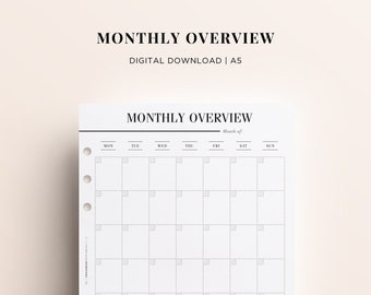 PRINTABLE A5 Monthly Planner Printable Month at a Glance | Etsy UK