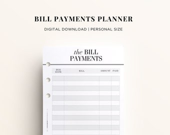 PRINTABLE PERSONAL Bill Payment Tracker Printable, Finance Planner Insert Printable, Personal Financial Printable, Bill Pay Money Planner