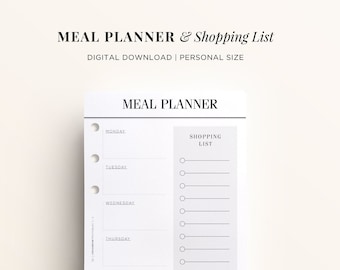 PRINTABLE PERSONAL Meal Planner Printable Insert, Shopping List Printable, Personal Size Weekly Meal Planner, Printable Planner Inserts