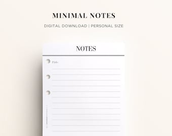 PRINTABLE PERSONAL Notes, Minimal Planner Printables, Personal Size Notes Refill, Black and White Planner Pages Printable, Ring Inserts