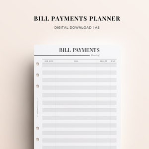 PRINTABLE A5 Bill Pay Printable, Printable Budget Planner A5, Bill Payment Planner Inserts, Financial Planner Insert Printable A5