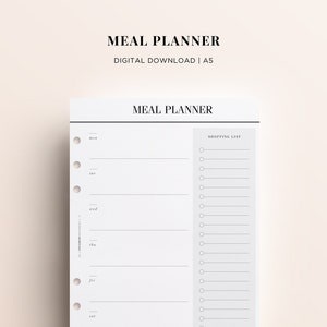 PRINTABLE A5 Meal Planner Printable Insert, Printable Meal Plan PDF, Grocery List Printable Planner, A5 Meal Planner Inserts Printable
