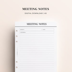 PRINTABLE A5 Meeting Notes Printable, A5 Filofax Printables, Kikki K Printables, Work Planner Printable, LV gm Agenda Printable Inserts