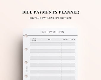 PRINTABLE POCKET Bill Payments Printable Inserts, Pocket Size Bill Payment Printable, Printable Pocket Planner Financial Inserts