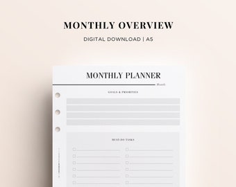 PRINTABLE A5 Monthly Planner Printable, Month at a Glance Printable, Month on One Page Printable, A5 Monthly Printable, A5 Planner Pages