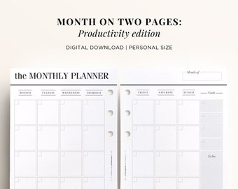 PRINTABLE PERSONAL Month on Two Pages, Personal Monthly Calendar Undated, Printable Monthly Planner Inserts, Personal Size Planner Inserts