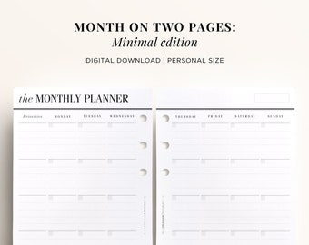 PRINTABLE PERSONAL Monthly Inserts, Personal Month on Two Pages, Printable Monthly Planner Inserts, Minimal Personal Size Planner Inserts