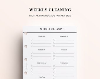 POCKET PRINTABLE Weekly Cleaning Planner Insert, Printable Pocket Ring Inserts, Weekly Cleaning Schedule and Checklist Pocket Size Download