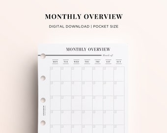 POCKET PRINTABLE Monthly Calendar, Pocket Monthly On 1 Page Printable, Undated Monthly Overview Insert, Pocket Size Planner Printable