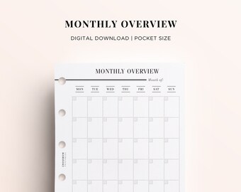 POCKET PRINTABLE Monthly Calendar, Pocket Monthly On 1 Page Printable, Undated Monthly Overview Insert, Pocket Size Planner Printable