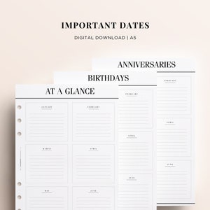 PRINTABLE A5 Important Dates Printable, At A Glance Printable Date Pages, A5 Ring Printable Inserts, Birthday Tracker Printable, A5 Inserts