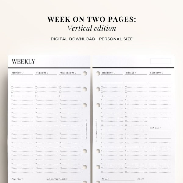 PRINTABLE PERSONAL Week On Two Pages Personal Printable, Personal Weekly Printable, Hourly Schedule Planner Printable, Personal Size Inserts