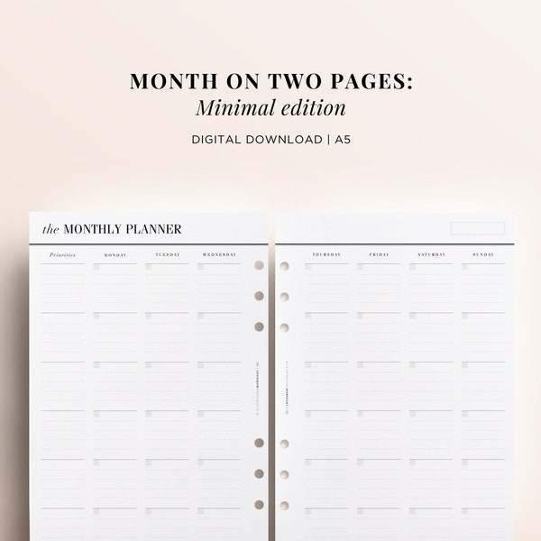 PRINTABLE Monthly Planner Inserts, A5 Monthly Printable, Minimal Planner Printable Inserts, A5 Month on Two Pages Printable