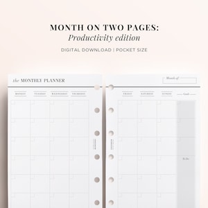 POCKET PRINTABLE Month on Two Pages Printable, Pocket Monthly Calendar Printable, Undated Monthly Insert, Pocket Size Planner Printable