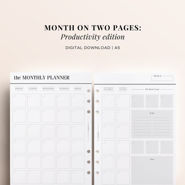 PRINTABLE A5 Monthly Planner Printable, Month on Two Pages Printable, Printable Monthly Planner Inserts, A5 Planner Printable Monthly