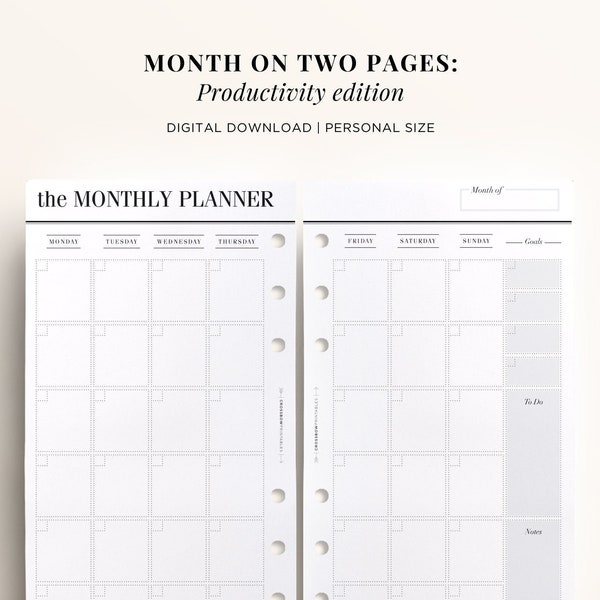 PRINTABLE PERSONAL Month on Two Pages, Personal Monthly Calendar Undated, Printable Monthly Planner Inserts, Personal Size Planner Inserts