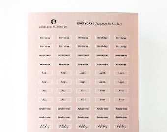 Everyday Typographic Planner Stickers | Clear Minimal Sticker Set | Mini Functional Word Sticker Sheet | To Dos, Bills, Transparent Dots