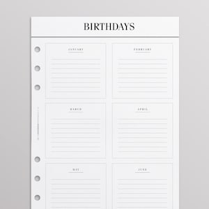 Peut inclure: Une page de planificateur imprimable avec un design noir et blanc. La page est divisée en six sections, chacune étiquetée avec un mois de l'année : janvier, février, mars, avril, mai et juin. La page est conçue pour suivre les anniversaires.