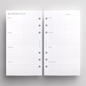 Peut inclure: Un planificateur hebdomadaire de deux pages au design minimaliste. La page de gauche liste les jours du lundi au jeudi, et la page de droite liste du vendredi au dimanche, avec un espace pour les objectifs et les tâches. Le texte "The Weekly Plan" est en haut.