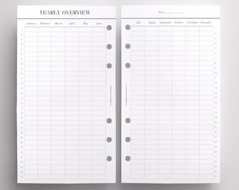 PRINTED Yearly Overview Inserts | Printed Filofax Personal Inserts, Printed LV Agenda MM Refill | Perpetual At A Glance Calendar