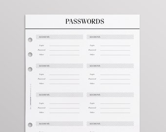 PRINTED Password Keeper A5 | Password Log | Printed Planner Refills | Crossbow Planner Co Planner Pages | Minimal Black And White Planner