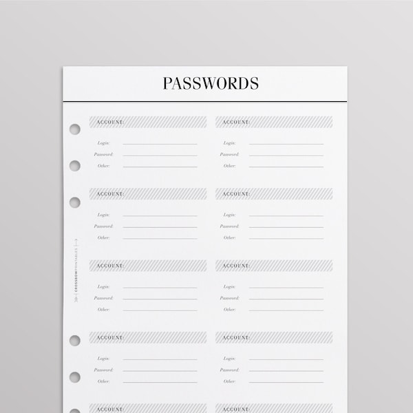 PRINTED Password Keeper A5 | Password Log | Printed Planner Refills | Crossbow Planner Co Planner Pages | Minimal Black And White Planner