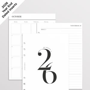 May include: A set of white paper planner inserts for the year 2026, featuring a cover page with the large black text 26 and Quarter 4. The set includes monthly calendar grids for October and lined daily pages for November 29 and Friday 27.