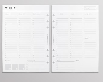 Format WO2P vertical imprimé | Recharges d'agenda hebdomadaire A5 | Une semaine sur deux pages | Calendrier non daté | Agenda horaire hebdomadaire
