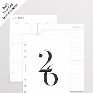May include: A set of white paper planner inserts for 2026, featuring monthly calendar grids for November, lined daily pages for November 29 and Friday 27, and a cover page with the large black text 26 and the words NOV & DEC.