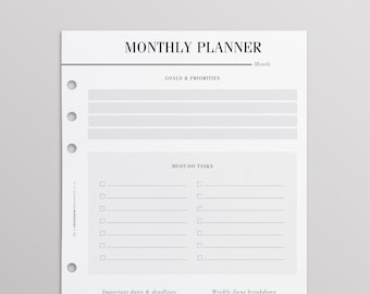 PRINTED Monthly Planner Inserts UK | Kikki K Inserts | Monthly Goals | Work Planner, Monthly To Do List, Filofax Inserts, A5 Minimal Planner