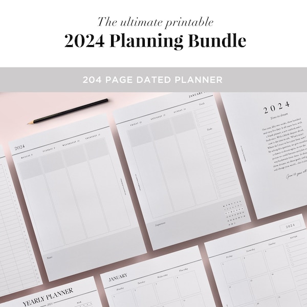 Inserts de planificateur 2024 imprimables : Agenda et calendrier 2024 Planificateur mensuel, Planificateur hebdomadaire, Pages de planificateur imprimables 2024, A4 A5 Lettre américaine