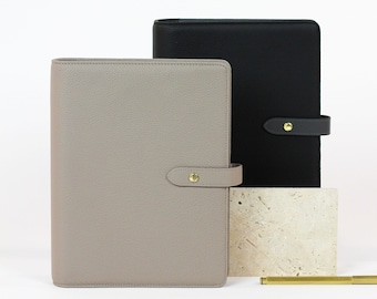 A5 Leather Planner Cover with Gold Rings | 'Clay' Taupe 6-Ring Binder Agenda | Crafted from full-grain leather