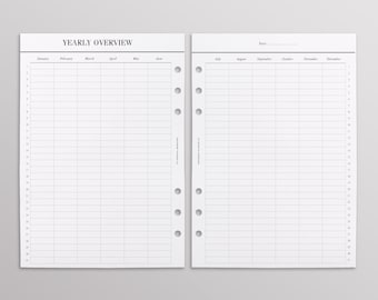 PRINTED Yearly Overview Planner | At A Glance A5 Filofax Inserts, LV Agenda GM Inserts | Perpetual Yearly planner