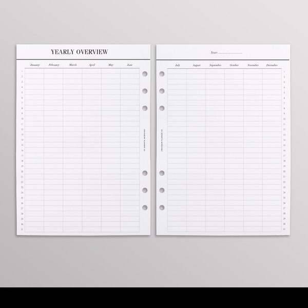 PRINTED Yearly Overview Planner | At A Glance A5 Filofax Inserts, LV Agenda GM Inserts | Perpetual Yearly planner