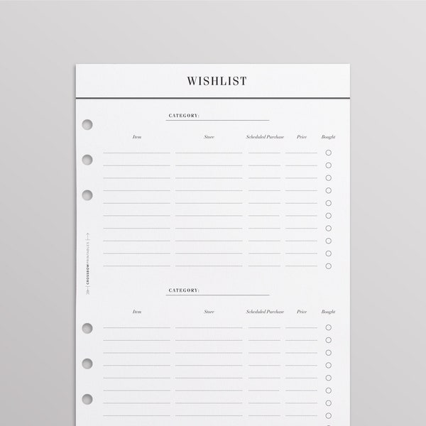 PRINTED A5 Wishlist Planner Inserts | Minimal Planner Inserts for LV GM Agenda, A5 Filofax, Kikki K Large