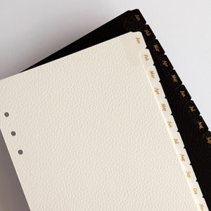 Leather Card Monthly Dividers | A5 & Personal Size | Black, Grey and Gold Foil Minimal Planner Dividers with Laminated Tabs