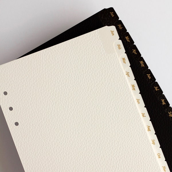 Lederkarte mit Monatsblätter | A5 & Personal-Größe | Minimale Planer-Teiler in Schwarz, Grau und Goldfolie mit laminierten Registern