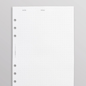 May include: A blank white sheet of paper with a dotted grid pattern. The paper has holes on the left side for a binder. The top of the page has the words "DATE:" and "TITLE:" printed in black.
