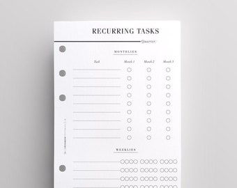 PRINTED Recurring Tasks Personal Size Inserts, Monthly Task Checklist, Weekly Task Checklist, Weekly Habit Tracker, Personal Filofax Refill