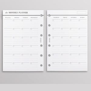 May include: Two white planner pages with black text and lines, featuring a monthly layout. The left page is titled the MONTHLY PLANNER and lists Priorities, Monday, Tuesday, and Wednesday. The right page lists Thursday, Friday, Saturday, and Sunday.
