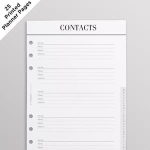 PRINTED Contacts Planner, Filofax Contacts Refill, Contacts Planner Pages, Contacts Inserts, A5 Planner Inserts Minimal, Crossbow Planner Co